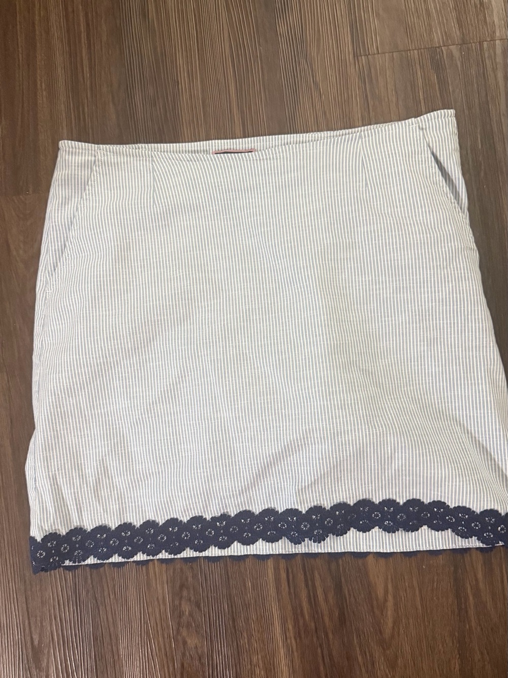 Blue and White Striped Mini Skirt with Navy Eyelet Trim